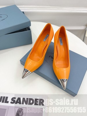 Prada Brush Leather Pumps 7.5cm with Metal Logo 2022 Collection,Orange
