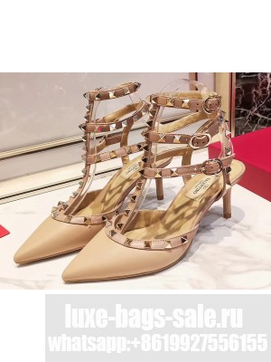 Valentino Heel 9.5cm Rockstud Caged Ankle Strap Pumps in Leather Nude