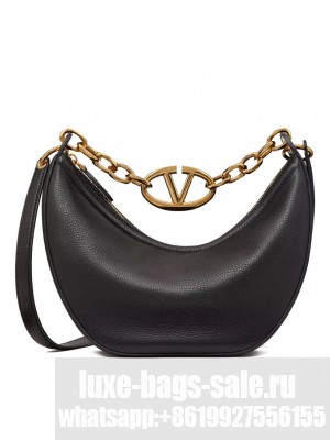 Valentino Small Vlogo Moon Hobo Bag In Grainy Calfskin With Chain Black