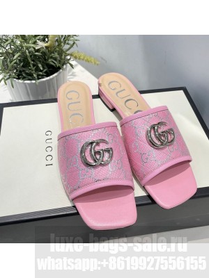 Gucci GG Silver Lamé Canvas Slide Sandals Pink 2021 Collection