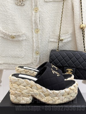Chanel cotton platform double C slipper black heel 8cm 2025