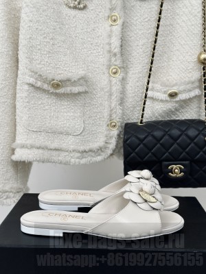 Chanel Lambskin Camellia Bloom Flat Slide White