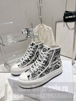 Dior Walk'n'Dior High-top Platform Sneakers in White and Black Cotton Embroidered with Plan de Paris Motif 2023