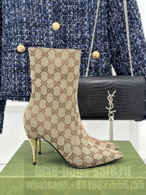Gucci Metal-Tone Heel Ankle Boots 8.5cm in GG Canvas Beige