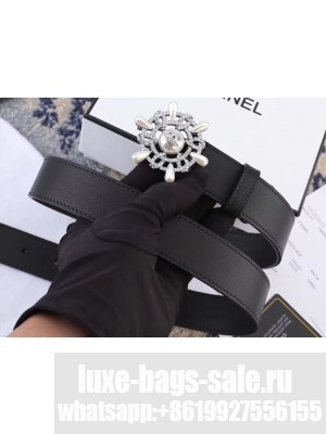 Chanel Width 3cm Crystal and Pearl Flower Buckle Leather Belt Black