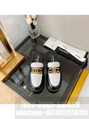 Chanel Shiny Calfskin Loafers with Metal CC White/Black
