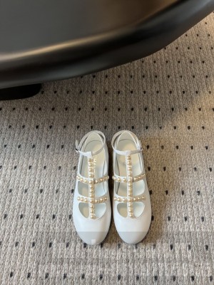 Chanel Pearl T-strap Lambskin Flat Ballet White