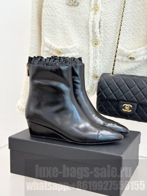 Chanel Shiny Calfskin Leather Wedge Ankle Boots Black 2025