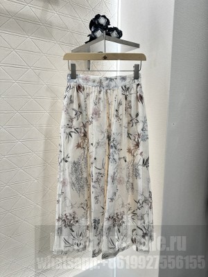 Christian Dior Mid-Length Flared Skirt White Cotton Muslin with Multicolor Millefiori Motif 