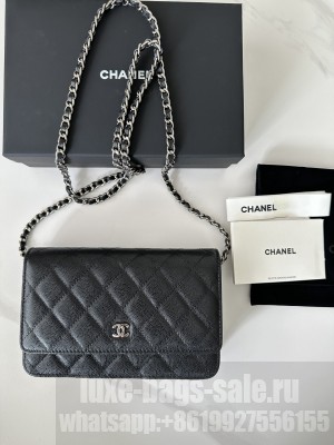 Chanel Caviar Leather & Silver-Tone Metal Wallet On Chain WOC Bag A33814 Black
