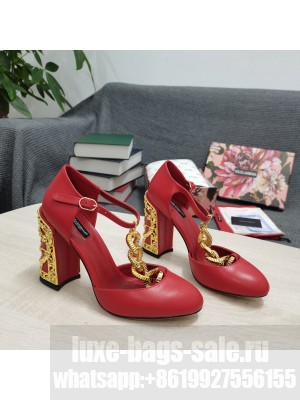 DOLCE & GABBANA LOGO HEEL 10.5CM CHAIN LEATHER T-STRAP PUMPS 2022 RED