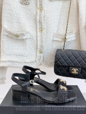 Chanel Lambskin & Tweed CC 5cm Sandals Black 2025 