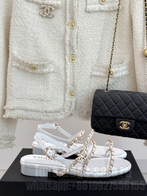 Chanel Lambskin Flat Sandals with Chain Strap white 2025 G45667