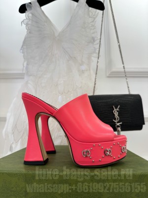 Gucci Leather Platform Slide Sandal 15cm with Interlocking G Studs 2023 Red