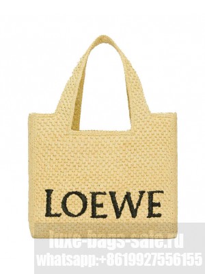 Loewe Small Font Tote In Raffia Apricot