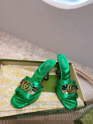 Gucci Calfskin Heel Slide Sandals with Crystal Charm 7.5cm Green 2023