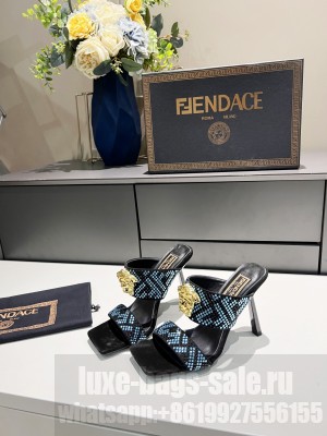 Versace x Fendi Fendace 11cm FF Crystal Slide Sandals 2022 Collection Blue 04