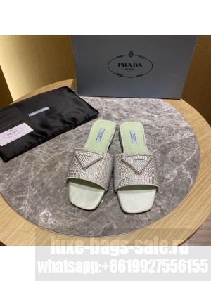 Prada Satin Flat slides sandals With Cryscals 2022 Collection，green