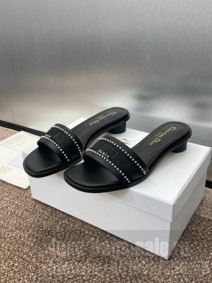Dior Dway Heeled 3cm Slide Black Calfskin and Embroidered Cotton With Pearls Flats 2025