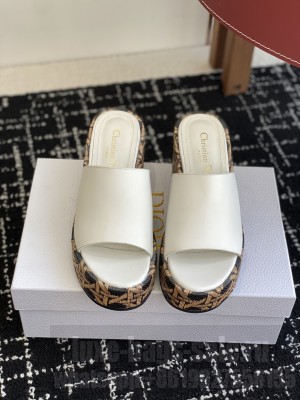 Dior L'Amazone Wedge Slide Calfskin and Natural Graphic Cannage Raffia white