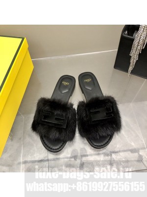 Fendi Signature Brown mink slides Black