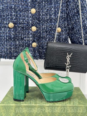 Gucci Patent Leather Platform Pumps 11.5cm with Crystals Double G Green