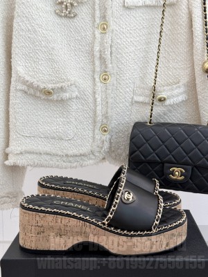 Chanel platform double C with chain slippers Black leather 2025