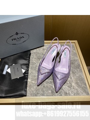 Prada Women's 5.5cm Satin Slingback Sandals With Crystals 2022 Collection,Purple
