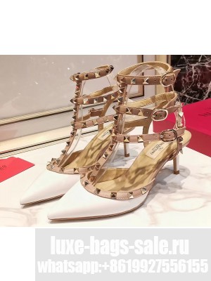 Valentino Heel 9.5cm Rockstud Caged Ankle Strap Pumps in Patent Leather White