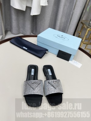 Prada Satin Flat slides sandals With Cryscals 2022 Collection Silver