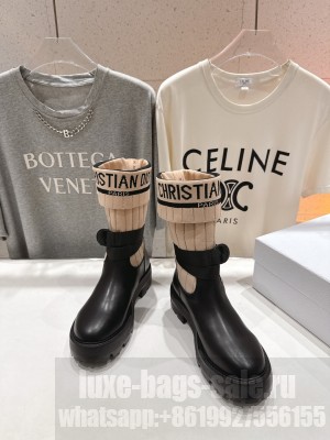 Christian Dior D-Major Ankle BootBlack Calfskin with Beige and Black Technical Knit