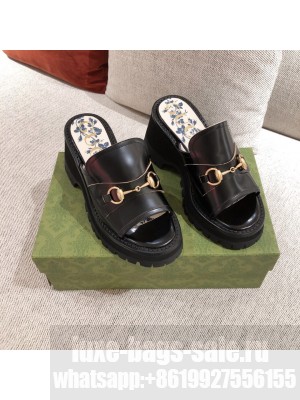 Gucci Leather Mid-heel Slide Sandal with Horsebit Black 2021 06 Collection