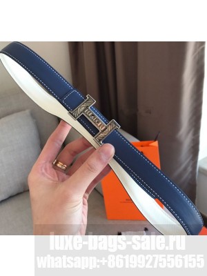 Hermes Mini Constance Belt buckle & Reversible Leather Strap 24 mm Blue/White 2019 Collection