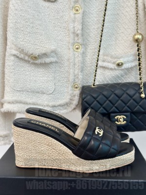 Chanel Quilted Lambskin Wedge Slides Sandal 8cm Black 2024 