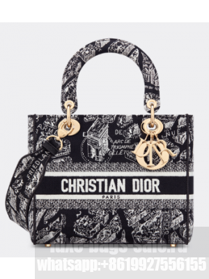 Dior MEDIUM LADY D-LITE BAG Black and White Plan de Paris Embroidery M0565OOMP