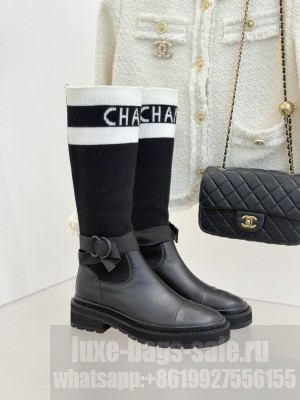 Chanel Knitted & Calfskin boots black