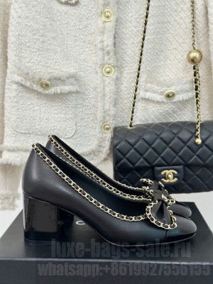 Chanel Women's 6.5cm Heel Chain Around And Bow Lambskin Leather Pumps Black 