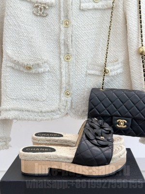 Chanel Calfskin Platform Slides Sandal 4cm with Camellia Black 2025