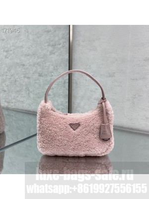 Prada Shearling Fur Hobo Bag 22cm 6620 Nylon Leather Cruise 2021 Collection, Light Pink