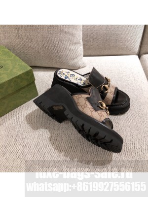 Gucci Leather and GG Canvas Mid-heel Slide Sandal with Horsebit Black/Beige 2021 08 Collection