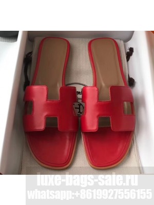 Hermes Oran Flat Slipper Sandals in Swift Box Calfskin Red
