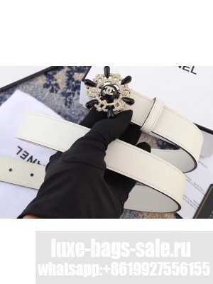 Chanel Width 3cm Crystal and Pearl Flower Buckle Leather Belt White