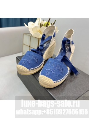 Prada Linen Logo 8cm Embroidered Wedge Espadrilles  2022 Collection Blue