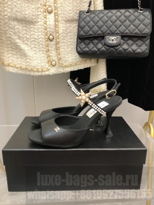 Chanel Lambskin  with Pearl and Star Charm 8cm Black Sandals Spring 2022 Collection