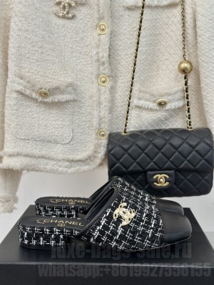 Chanel Tweed & Calfskin Flat Mule Black 2024