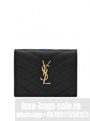 Saint Laurent Monogram Compact Tri Fold In Grain De Poudre Embossed Leather Black