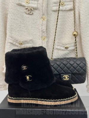 Chanel Suede & Wool Fur Wood Ankle Boots Black 2024