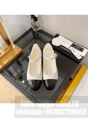 Chanel G39281 Tweed Mary Janes Ballerinas White