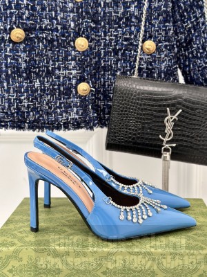 Gucci Women's Blue Patent Leather 12cm Rhinestone Chain Pumps 