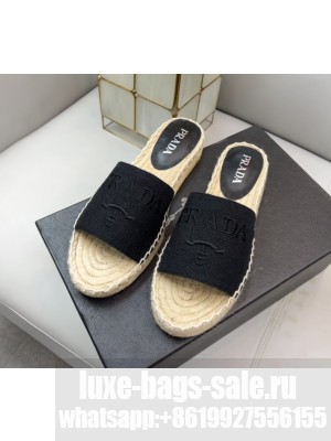 Prada Linen Logo  Embroidered Slides Espadrilles Flats 2022 Collection Black
